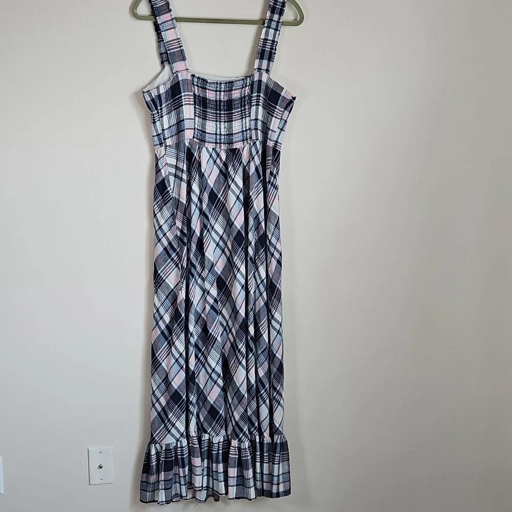 52seven SZ16 Linen Blend Maxi Dress Plaid Smocked Ruffle Tier Cottage Prairie
